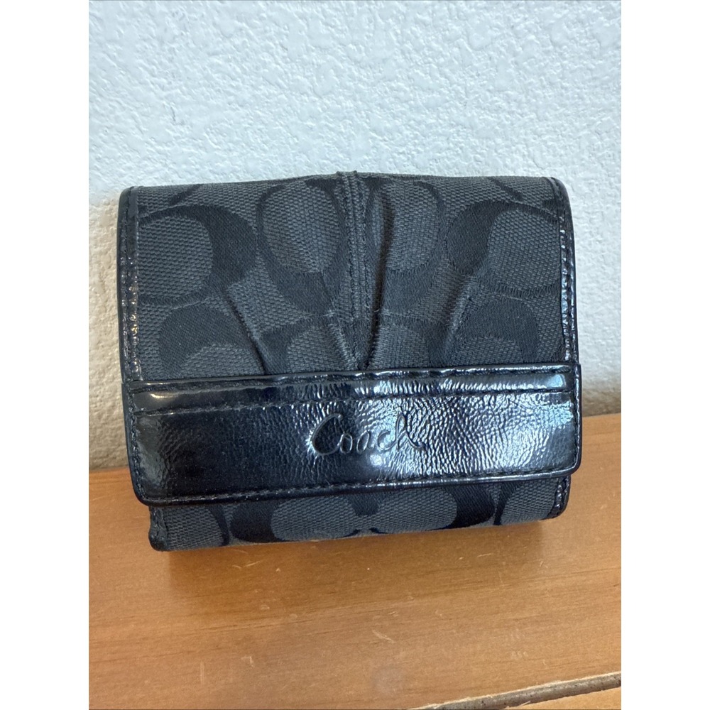 Coach Soho Pleated Black Signature Jacquard Leather Trim Trifold Wallet Y2K
